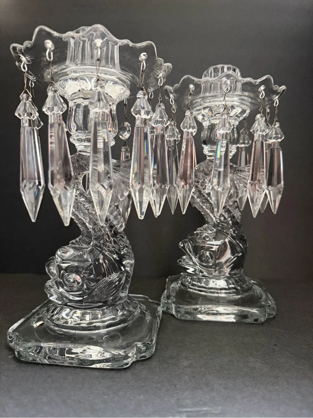 Pair of Cambridge Glass Candle Holders Fish Figure Bases w/Crystal Prisms 9,5
